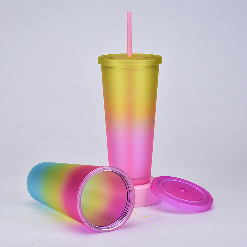2022 neue Regenbogen farbe ins Wind Doppels chicht Kunststoff Stroh Tasse grenz berschreitende gefrostete Hand Tasse Outdoor Sport Wasser Tassepicture6