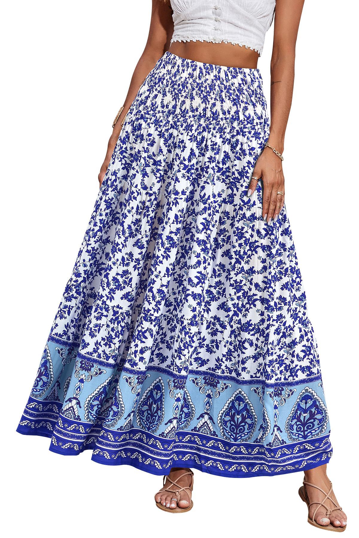 New European And American Printed Flared Bohemian Casual High-waisted Long Skirt, Beach Skirt For Women_ecoleips.com