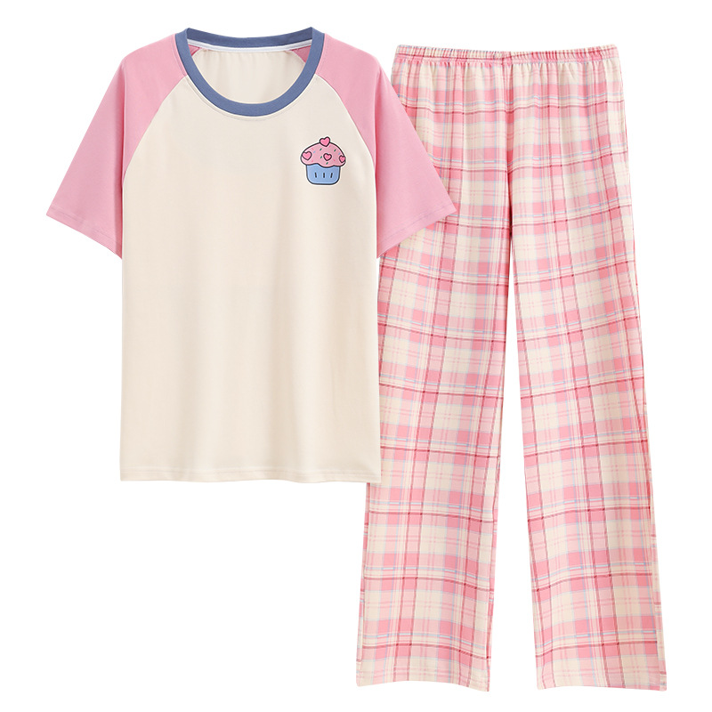 Pijamas de algodón de las mujeres de dibujos animados estilo lindo con almohadilla en el pecho pantalones de manga corta traje ropa de abrigo suelta ropa de mujer