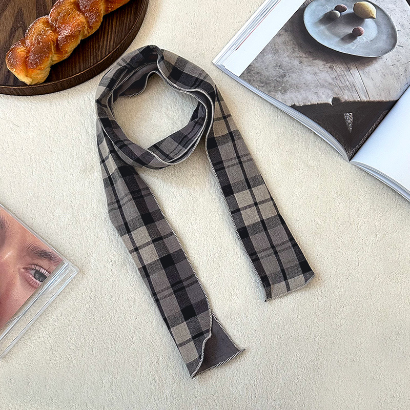 Pañuelo de seda largo, bufanda delgada y estrecha a cuadros retro de alta calidad, bufanda versátil, pañuelo en la cabeza, cinturón decorativo para el cabello