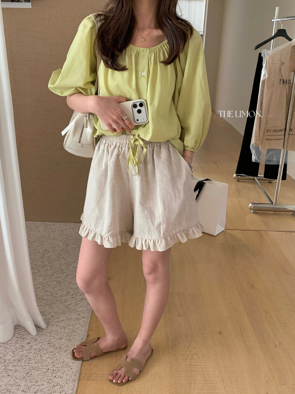 Quần short nữ cạp chun ống rộng chất liệu linen phối viền ren — màu sắc, xanh lam, Màu cà phê, màu hồng chi tiết 23