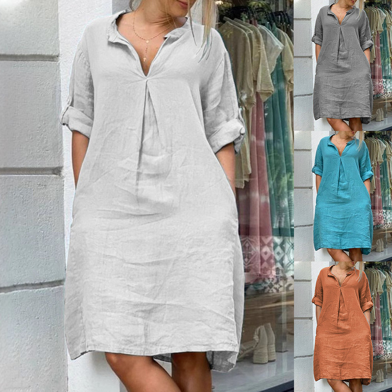 2026 Amazon European and American Cross-Border New Women's Clothing Casual V-Neck Discounted Long-Sleeve Solid Color Multi-Color Women's Dress