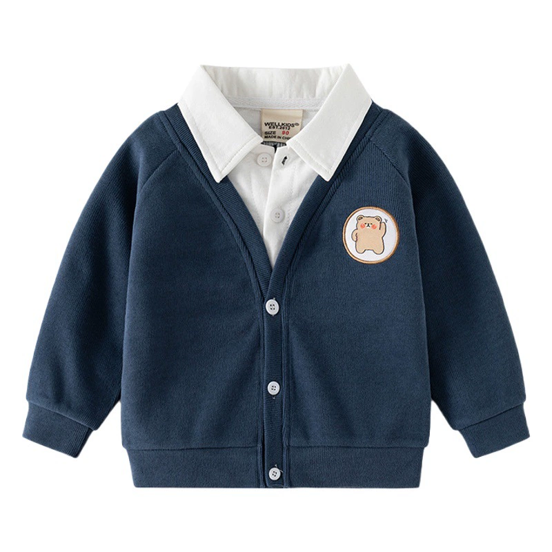 Осенняя новая корейская поддельная верхняя одежда из двух предметов, детская модная верхняя одежда с длинными рукавами и капюшоном, мягкий кардиган для мальчиков, топ