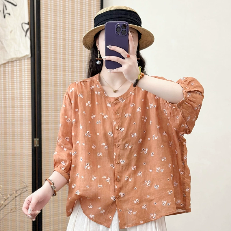Новая тонкая вышитая рубашка из рами в китайском стиле для женщин и мам, лето 2025, ретро, ​​элегантная рубашка в западном стиле, топ с цветочным принтом
