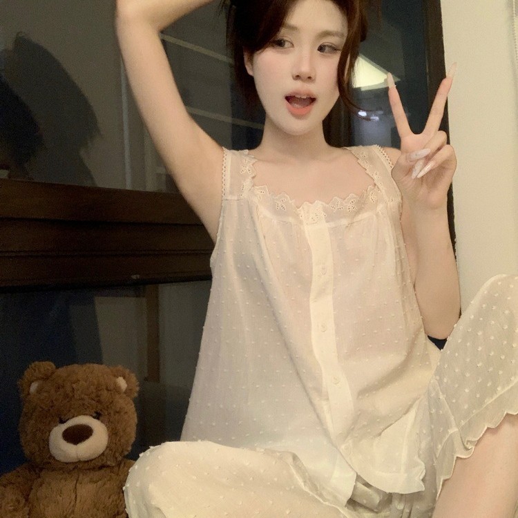 2025 Korean Style Ins Summer Pajamas Jacquard Walking Sexy Pure Desire Suspender Pants Suit French Home Wear for Women