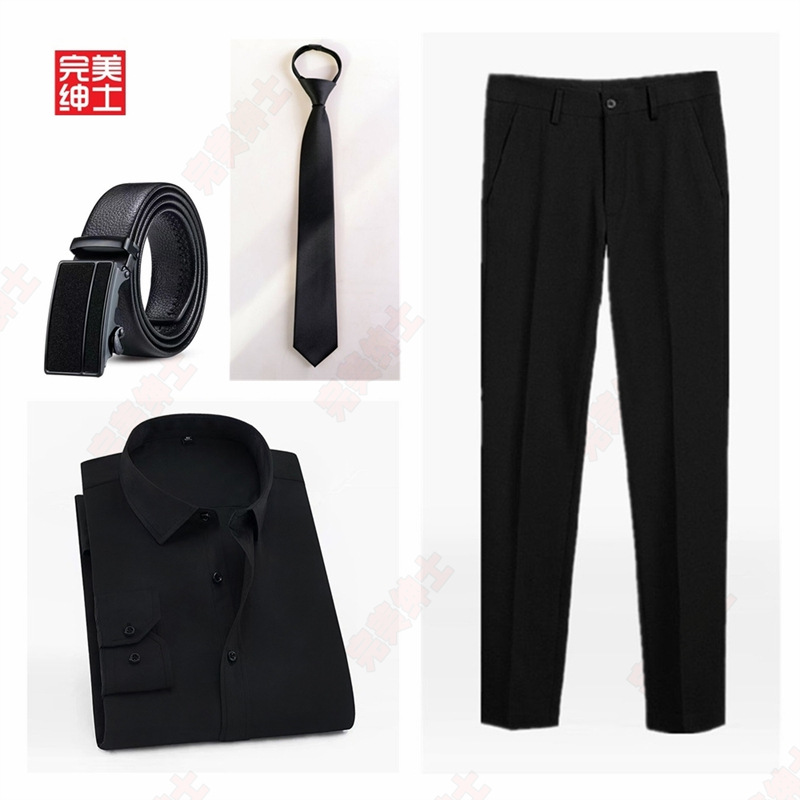 검은색 셔츠 + 검은색 바지 + 넥타이 + 벨트