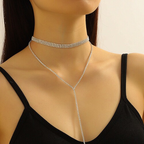 European and American New Style Full Diamond Multi-Layer Necklace Cross-border Accessory Fashion Simple Long Fringe Necklace for Women