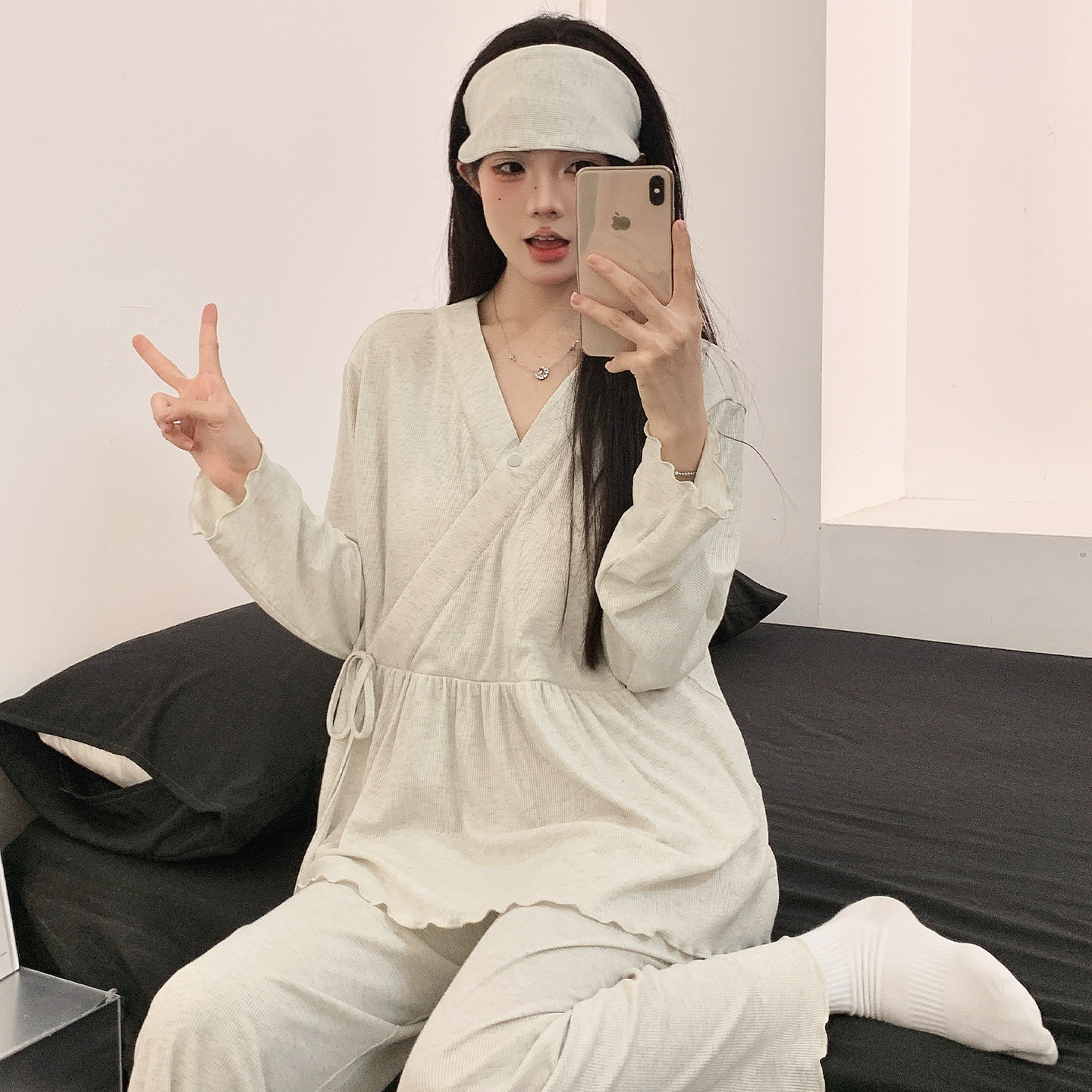 Three-Piece Set of Maternity Pajamas with Breast Pads, Long-Sleeved Pants, Spring Confinement Kimono, Nursing Clothes, Loose Home Clothes