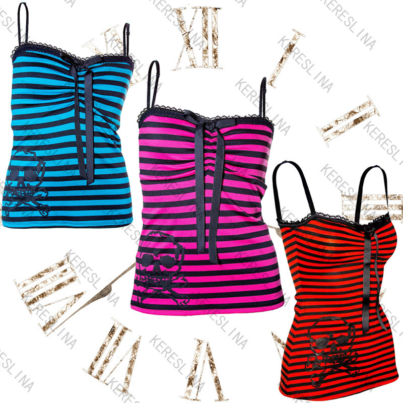 Amazon Sexy Lace Skull Print Bow Summer Striped Slim Fit Tank Top Women's Camisole