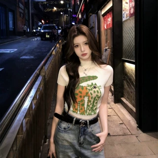 褶家三宅风褶皱高端创意小猫印花女肌理感修身百搭减龄上衣夏小衫