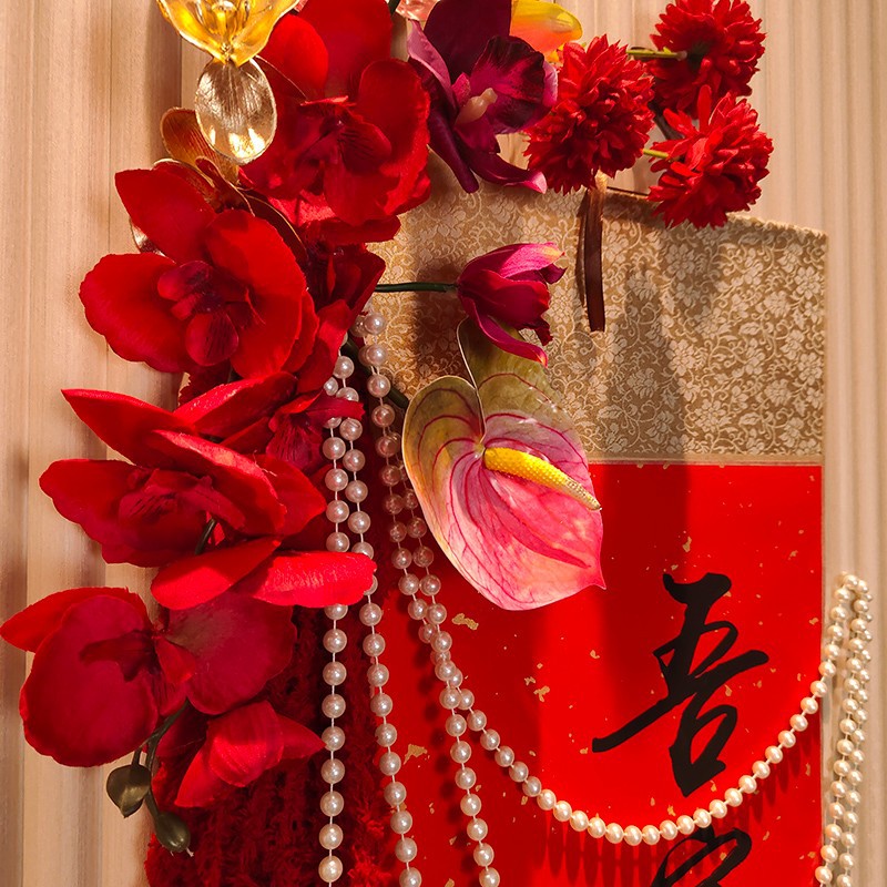 Bridal room decoration fake flower set, new Chinese style calligraphy, high-end feel, wedding room living room, bride's bedroom background wall