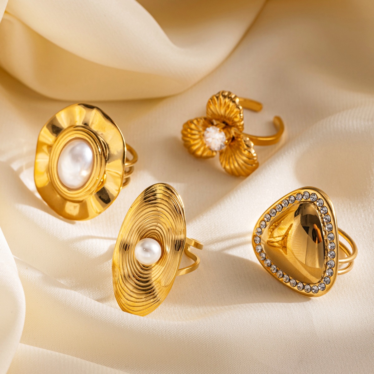 Anillo de flor de perla de moda de acero inoxidable transfronterizo de Tena, diamante, acero de titanio, no se desvanece, diseño de apertura, sentido del anillo femenino