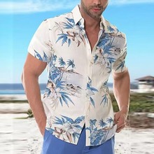 跨境欧美新款男装短袖衬衫24男式袖口撞色夏威夷沙滩休闲翻领衬衫