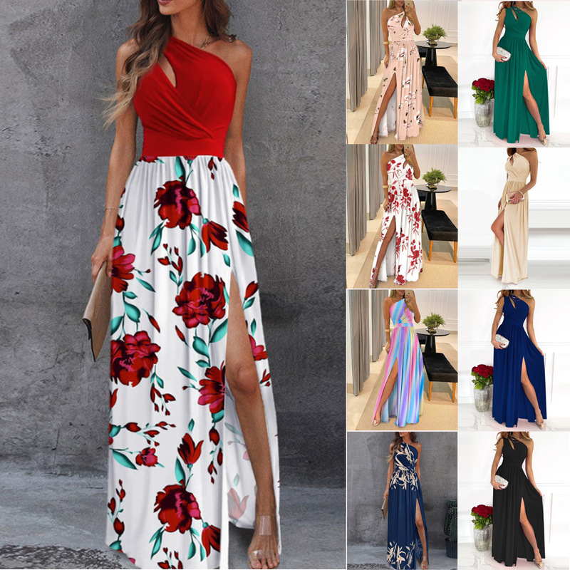 2025 New Off-Shoulder Long Dress Temperament Sleeveless Sexy High Waist Slit Dress Amazon European and American Clothing Foreign Trade 2025 New Off-Shoulder Long Dress Temperament Sleeveless Sexy High Waist Slit Dress Amazon European and American Clothing Foreign Trade