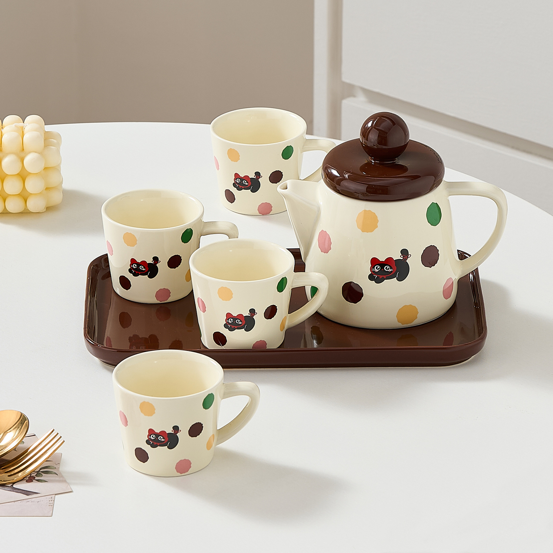 Juego de té de cerámica, tetera de flores de gato de dibujos animados, hervidor de agua frío con filtro tropical lindo, taza de agua iNS, tetera