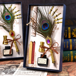 High-value European and American medium blue box book peacock gem dipped in water pen suit English calligraphy pen gift box