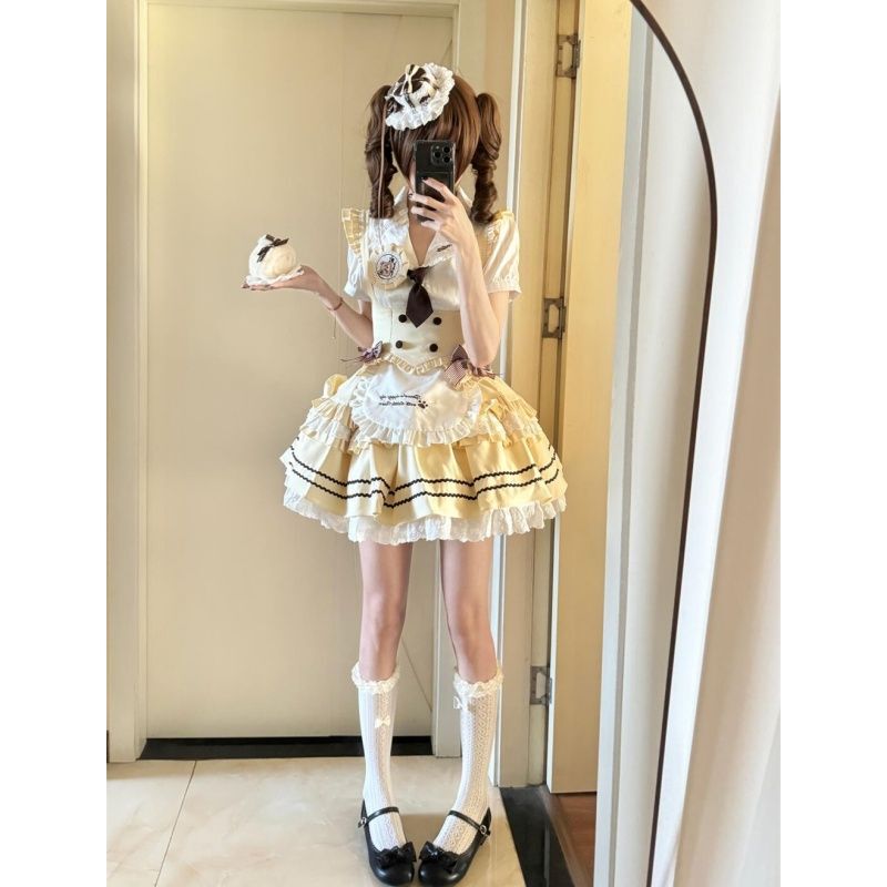 日本の甘いロリータロリータ半袖ドレス夏の新しい年齢を減らす痩身ふわふわケーキスカート女性用|undefined