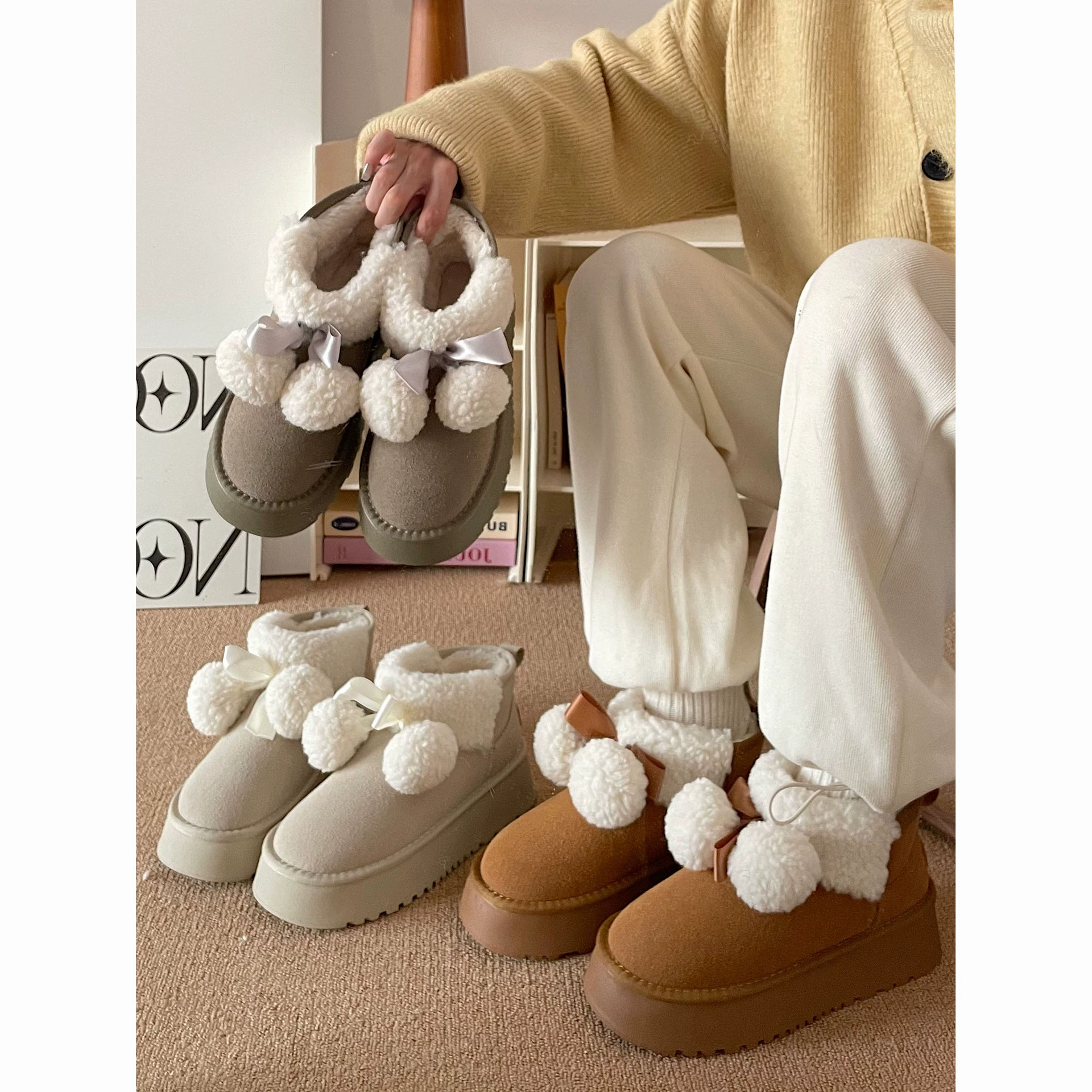 Jinmi Net красный бархат утолщает и утолщает дно снежные сапоги женские 2024 новые зимние меховые теплые хлопчатобумажные туфли