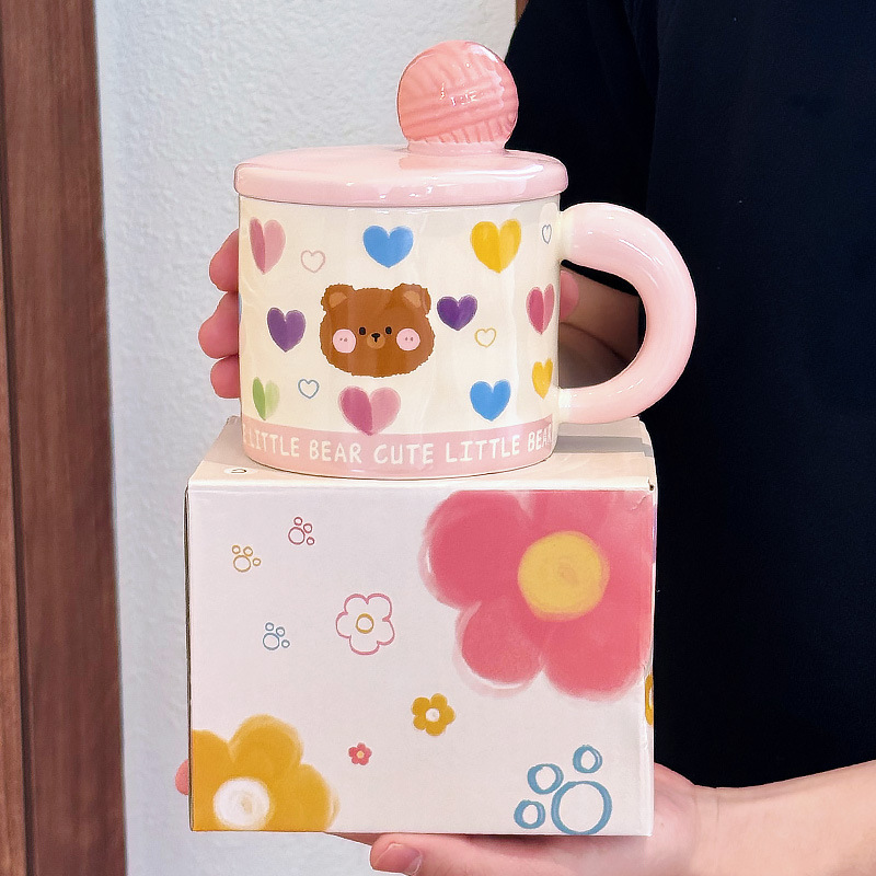 猫マグカップ蓋付きセラミックカップかわいい女性誕生日プレゼント子犬ベアー高颜値オフィスカップ|undefined