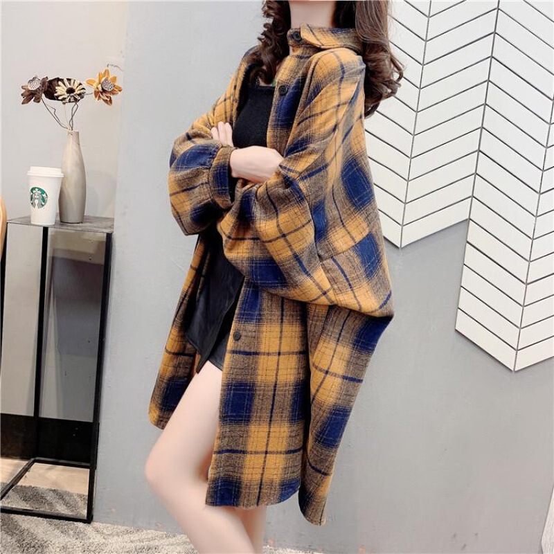 Plaid Shirt women's long coat trendy ins2023 spring new loose brushed retro Hong Kong style long sleeve coat Plaid Shirt women's long coat trendy ins2023 spring new loose brushed retro Hong Kong style long sleeve coat