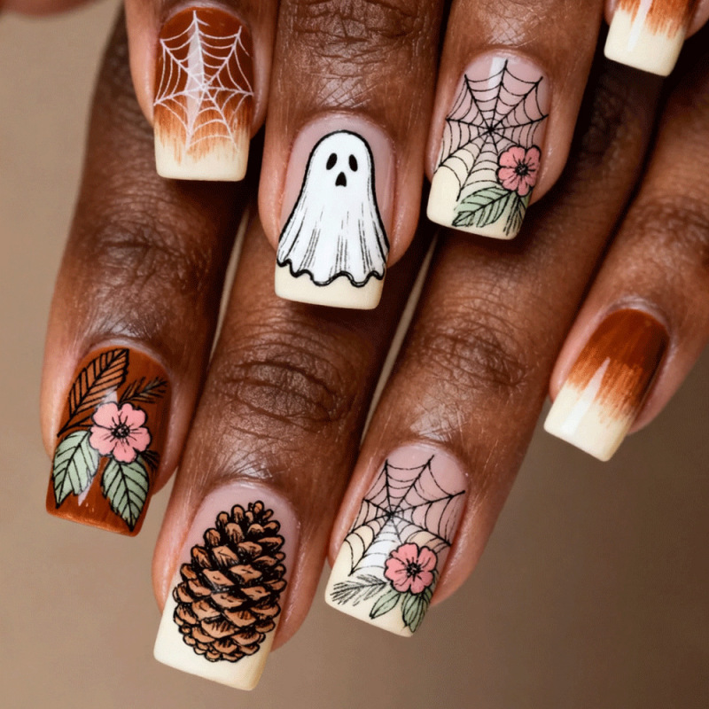 Halloween Nail Art Retro Coffee Color Gradient Ghost Pine Cone Spider Web Small Flower Nail Stickers Removable Halloween Nail Art Retro Coffee Color Gradient Ghost Pine Cone Spider Web Small Flower Nail Stickers Removable