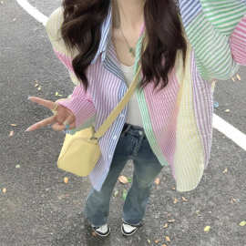 马卡龙拼色格子衬衫女夏新款设计感小众宽松休闲减龄百搭防晒衬衣