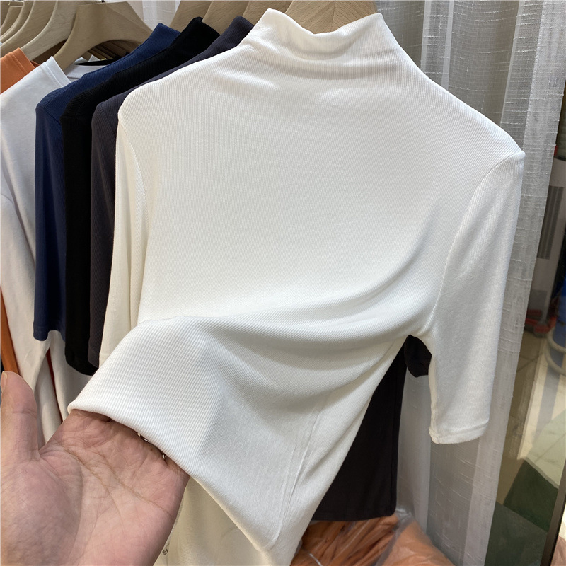 女性用ボトリングシャツ、夏用スリムフィットミッドスリーブトップ、ファッショナブルな2025新しいライト大人スタイルのハーフタートルネックセーター|undefined