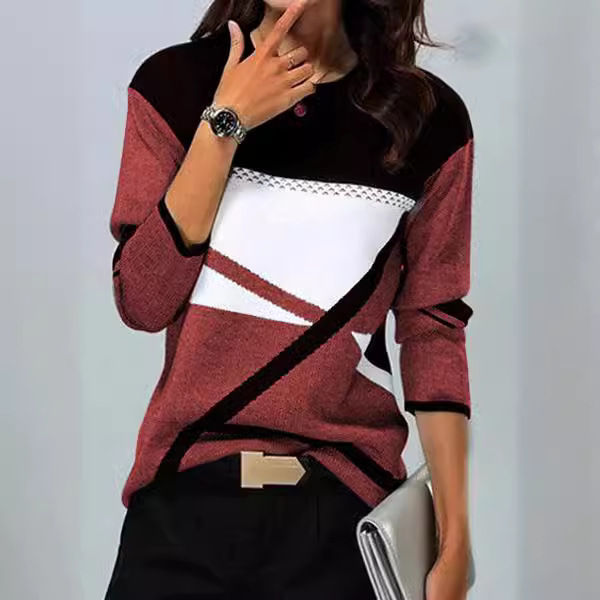 Ropa de mujer transfronteriza europea y americana compatible con varias plataformas, nueva camiseta de manga larga con cuello redondo y estampado de posicionamiento en contraste