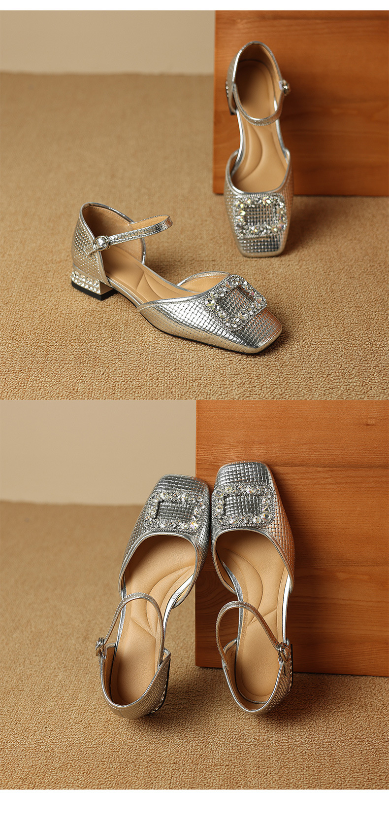 Sandal nữ bít mũi đế bệt da bò khóa vuông đính đá rhinestone — Màu vàng chi tiết 18
