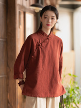 24春棉麻中式女装复古立领棉麻盘扣上衣衬衫女式亚麻砂洗禅修茶服