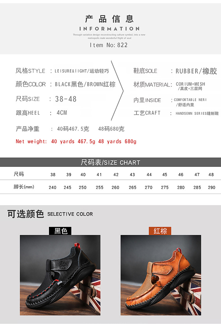 Cross-border plus-size men's sandals 2021 Summer new style mesh shoes, perforated breathable cowhide outdoor sports wading slippers Item Picture