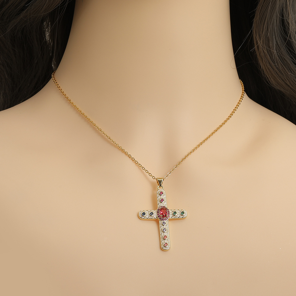 Simple Style Cross Copper Rhinestones Pendant Necklace In Bulk display picture 2