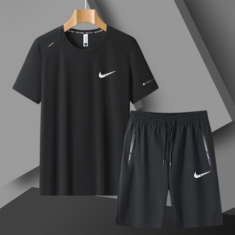 2026 New Trendy Casual Suit Men's Summer Thin Ice Silk Breathable T-Shirt Men's Loose Large Size Two-Piece Set