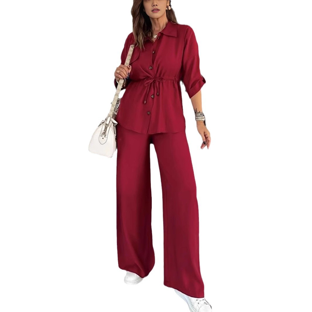 Women's Autumn Solid Color Casual Button Drawstring Loose Suit European And American Style_ecoleips.com