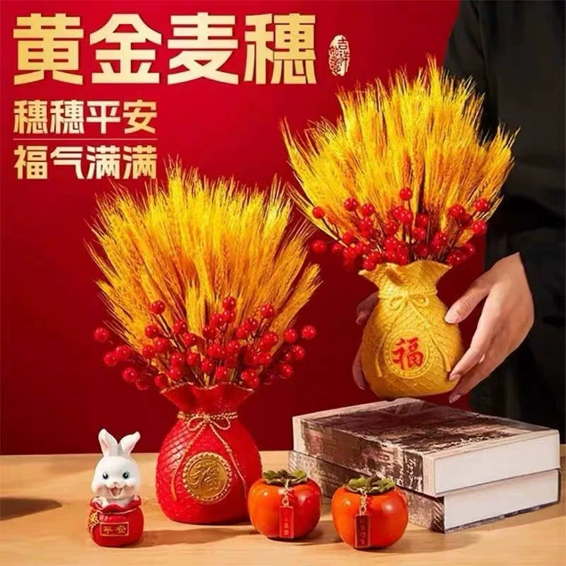 Открытая корзина цветов ячменя натуральное золото пшеничных колосьев букет сухих украшений для гостиной украшение золотой пшеницы красный фруктовый симулятор