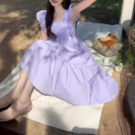 紫色小飞袖连衣裙子女夏季新款法式高级感气质减龄仙女长裙