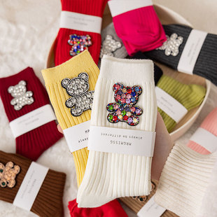 Korean Style New Color Rhinestone Bear Mid-Socks Distinctive Outer Wear with Small Leather Shoes Socks Women's Instagram Stylish Pile