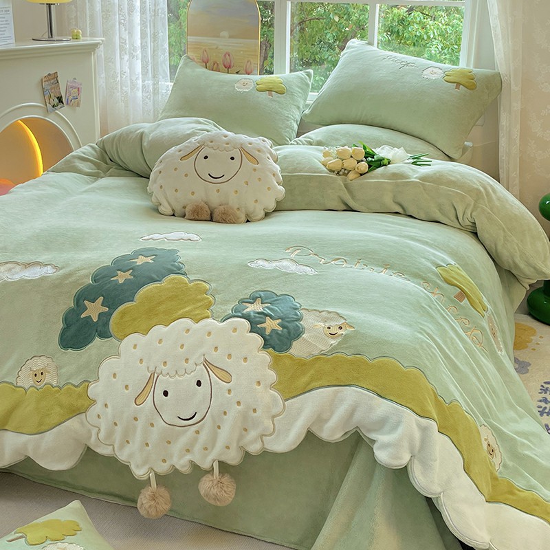 Winter Milk Velvet Four-Piece Set Thickeneded Double-Sided Coral Velvet Quilt Cover Cartoon Princess Style Kidsren's Bedding