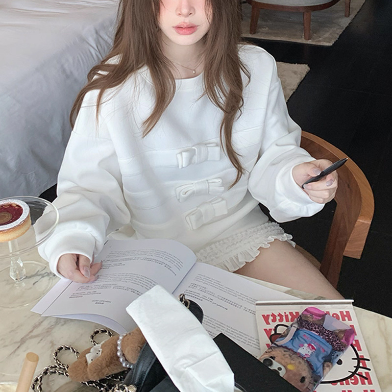 休闲百搭蝴蝶结圆领长袖白色卫衣女2025新款巨好看的无帽短款上衣|undefined