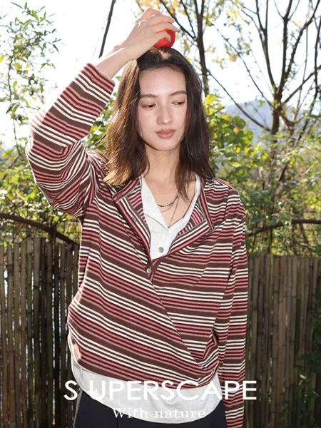Su Bo Tencel Wool Soft and Skin-Friendly Double-Layer Faux Two-Piece Striped Henley Collar Knitted Long Sleeve 2026 Autumn T-Shirt