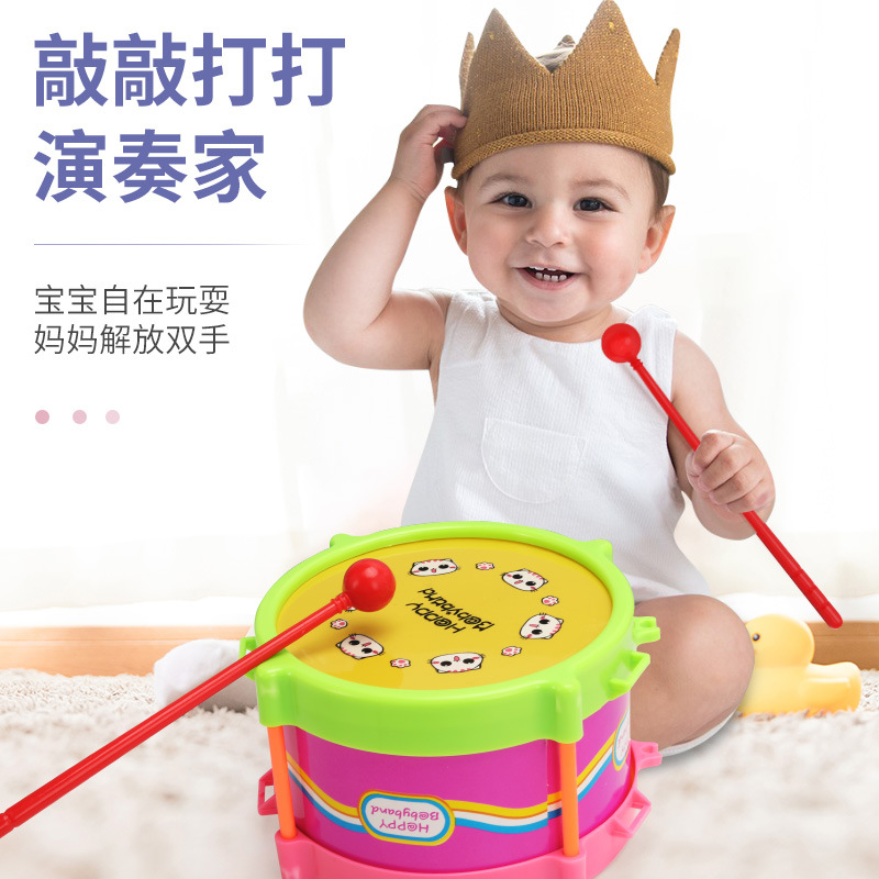 Bebé golpe de mano de doble cara juguete pequeño tambor de cintura instrumento musical para niños martillo de arena Cuerno conjunto de cinco piezas juguetes infantiles al por mayor