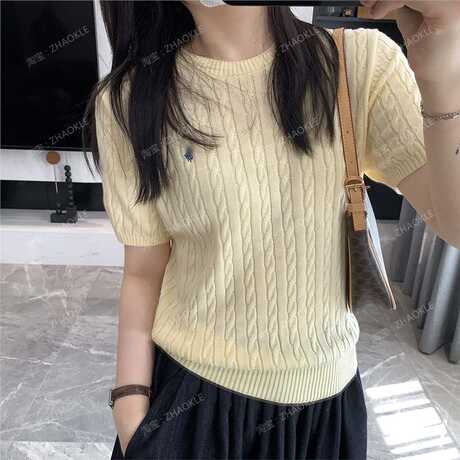 American Retro Style! Ultra-Soft Short-Sleeve Knit Top with Mulberry Silk and Wool, 26, Round Neck, Cable Knit, Fitted, Suitable for Commuting