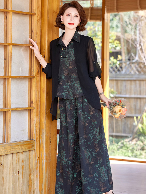 妈妈秋装套装洋气中老年女装春秋国风新中式假两件上衣气质两件套|undefined