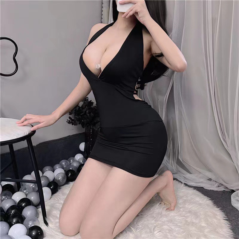 Deep V Halter One-Piece Nightdress with Hip Skirt in Black Polyester — detail image 9