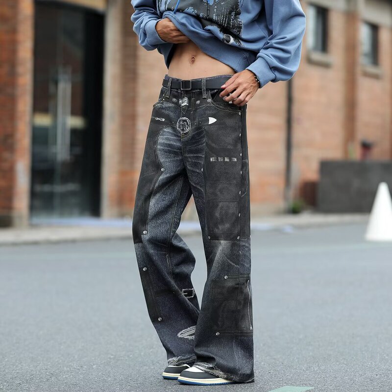 European and American 2025 New Fashion Slim Versatile Men's Denim Workwear Stretch Patch Layered Flared Denim Pants
