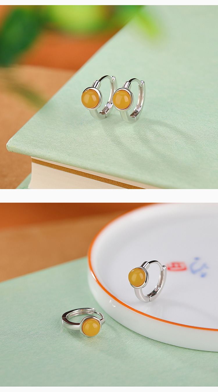 Bông tai kẹp tai nữ bạc S925 mạ vàng đính đá jasper đỏ hình hạt tròn phong cách đơn giản — Kiểu jasper màu bạc chi tiết 9