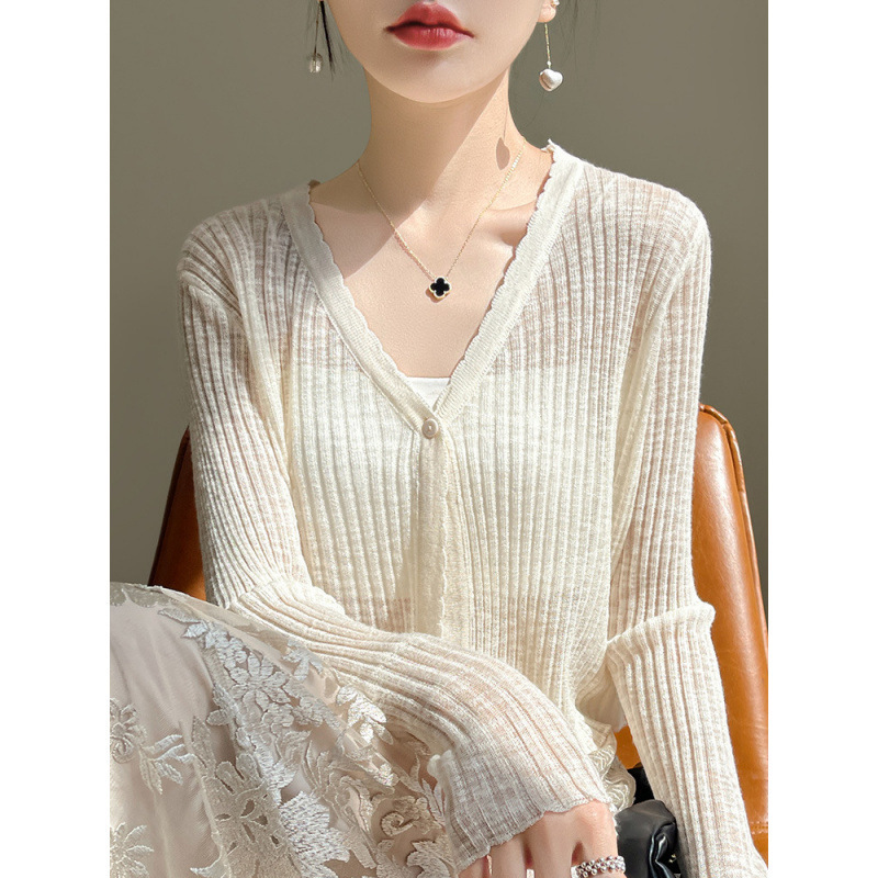 Ice Silk V-Neck Thin Knitwear Cardigan Coat Women's Short High Waist Dress Sling Outer Shawl Blouse Black