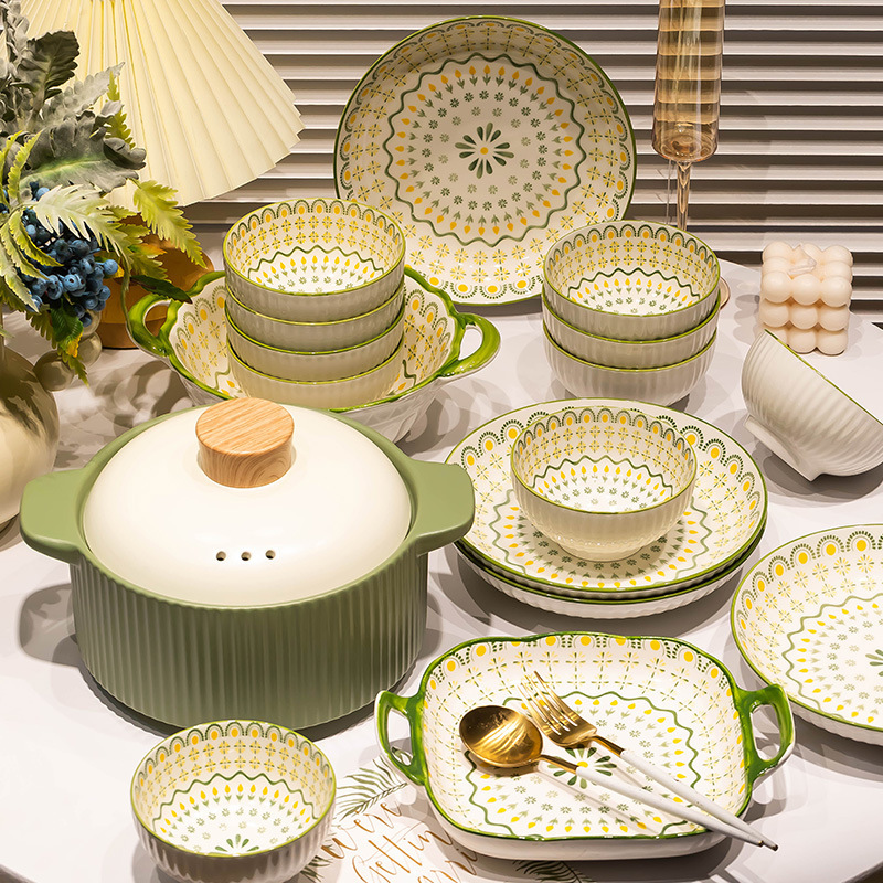 Green sunflower blue silver bowl and dish suit household Japanese simple tableware green fresh housewarming bowl and chopsticks plate combination