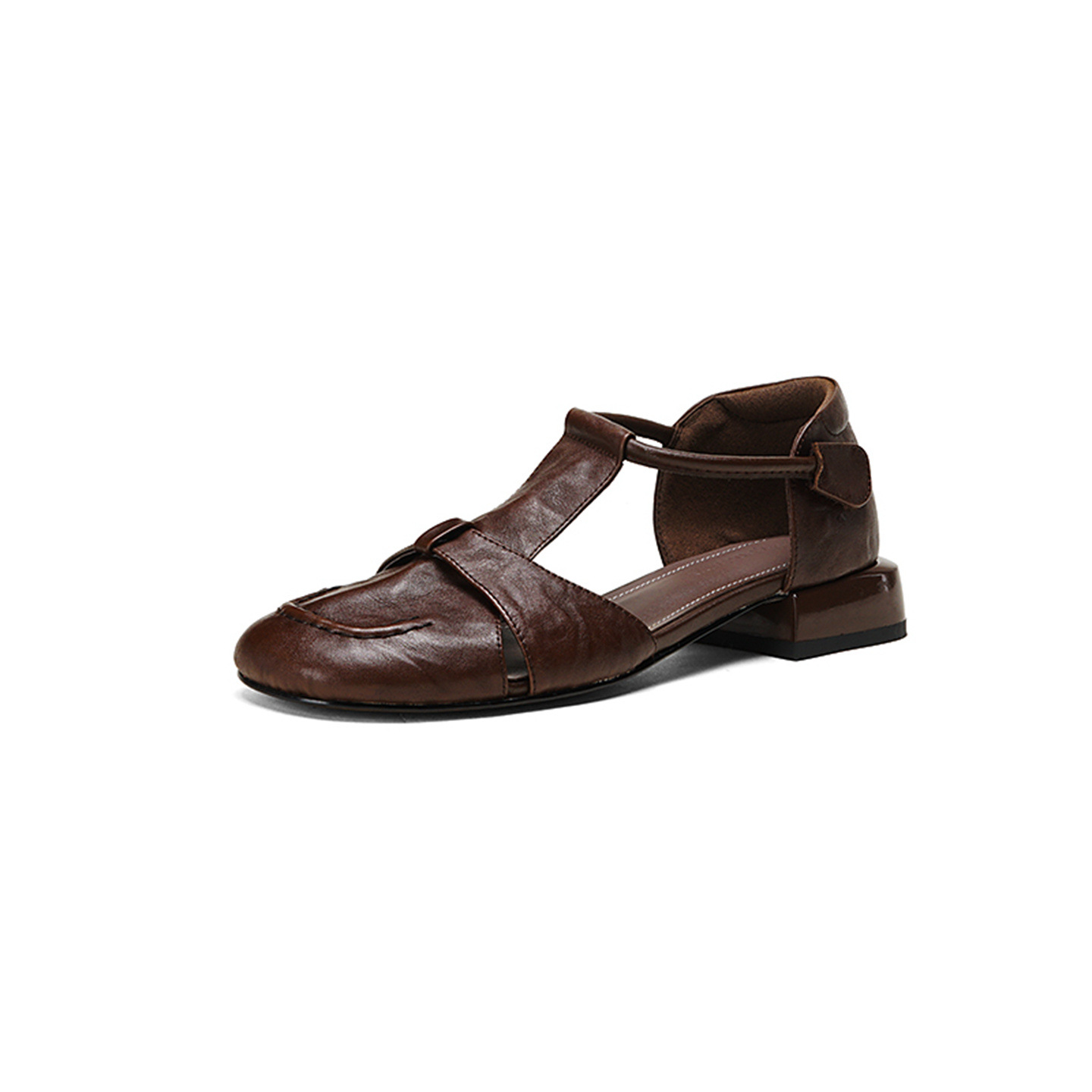 Dép sandal nữ da bò kiểu retro quai chữ T, mũi kín, gót thấp — màu nâu