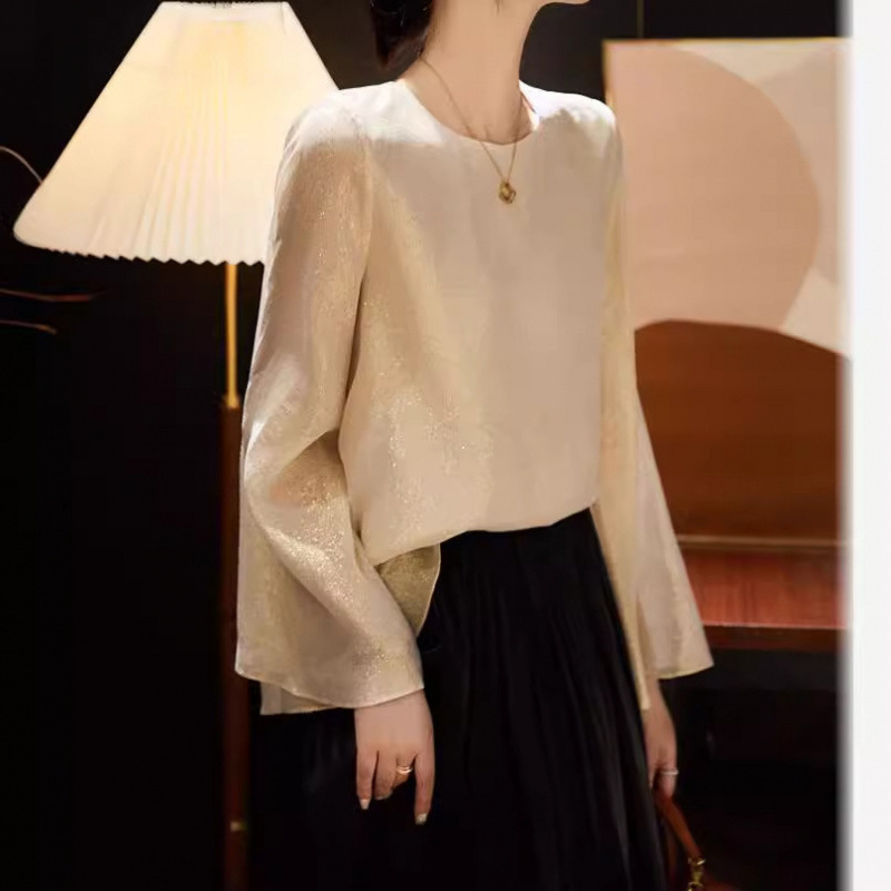 Weak Sleeve Heavy Silk Top Women's Elegant High-end Round Neck Gold Shirt Loose European Silk Shirt